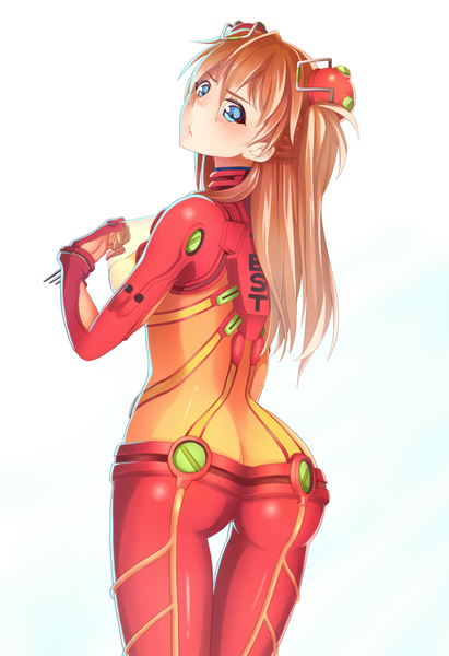 Anime picture 900x1313 with neon genesis evangelion gainax soryu asuka langley nemunemu (bluelight5) single long hair tall image blush blue eyes light erotic simple background white background ass looking back from behind orange hair girl bodysuit
