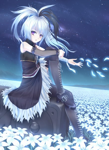 Anime picture 1240x1695 with vocaloid flower (vocaloid) lely single long hair tall image looking at viewer black hair sitting purple eyes white hair night girl thighhighs skirt flower (flowers) black thighhighs petals boots skirt set