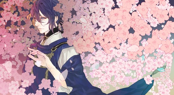 Anime picture 2500x1375 with touken ranbu nitroplus mikazuki munechika npn single highres short hair blue eyes wide image looking away purple hair traditional clothes japanese clothes fingernails eyebrows boy flower (flowers) petals