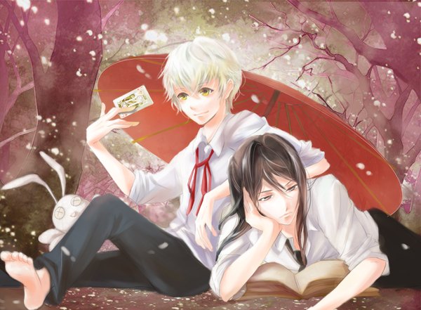 Anime picture 3508x2584 with k-project gohands (studio) yashiro isana yatogami kuroh long hair highres short hair brown hair yellow eyes absurdres white hair barefoot multiple boys boy plant (plants) shirt petals tree (trees) necktie umbrella