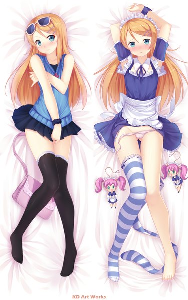 Anime picture 700x1120 with ore no imouto ga konna ni kawaii wake ga nai hoshikuzu witch meruru kousaka kirino meruru (oreimo) caidychen long hair tall image blush open mouth light erotic twintails pink hair lying aqua eyes orange hair maid chibi dakimakura (medium) dual persona girl