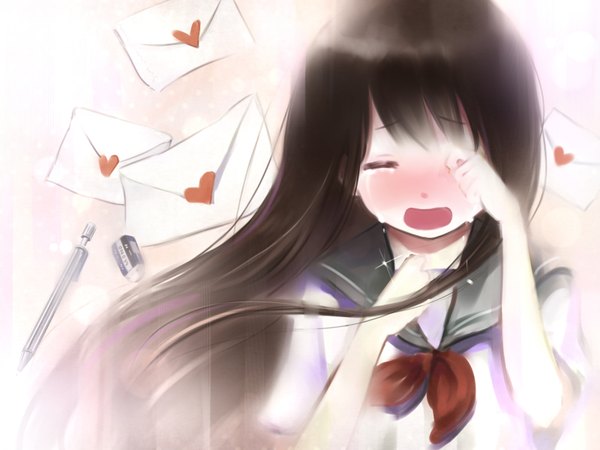 Anime picture 1600x1200 with original maigoyaki single long hair blush black hair eyes closed tears crying girl serafuku letter love letter