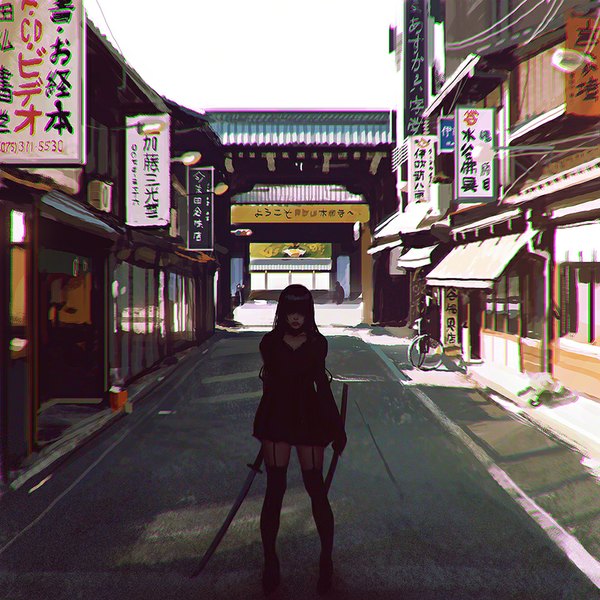 Anime picture 900x900 with original ilya kuvshinov single long hair fringe black hair standing city hieroglyph anaglyph gate girl thighhighs dress weapon sword black dress katana ground vehicle road