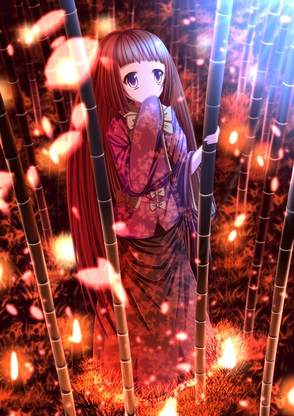 Anime picture 868x1228 with touhou houraisan kaguya kanntokuxxx single long hair tall image looking at viewer black hair purple eyes girl dress bow plant (plants) bamboo