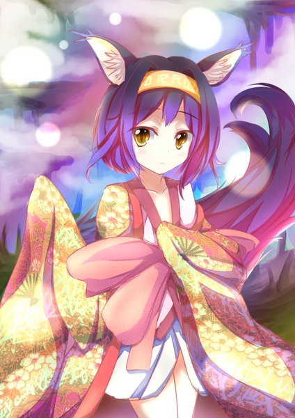 Anime picture 579x819 with no game no life madhouse hatsuse izuna koroneko single tall image looking at viewer fringe short hair standing animal ears yellow eyes purple hair tail long sleeves traditional clothes animal tail wide sleeves multiple tails girl