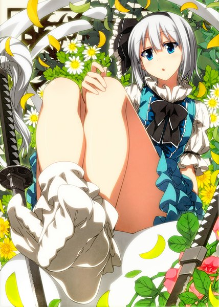 Anime picture 800x1120 with touhou konpaku youmu myon sazanami mio single tall image looking at viewer short hair blue eyes light erotic sitting silver hair no shoes soles girl flower (flowers) ribbon (ribbons) weapon plant (plants) hair ribbon