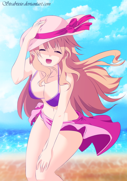 Anime picture 1039x1483 with freezing chiffon fairchild strabixio single long hair tall image open mouth light erotic blonde hair smile sky cloud (clouds) eyes closed bare belly midriff coloring girl navel swimsuit hat