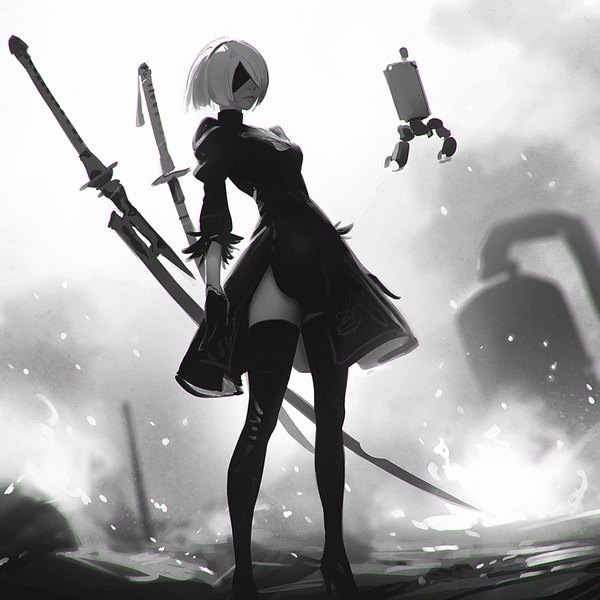 Anime picture 1080x1080 with nier nier:automata yorha no. 2 type b pod (nier:automata) ilya kuvshinov single short hair standing holding cloud (clouds) full body white hair mole from below monochrome side slit mole under mouth dual wielding sheathed blindfold