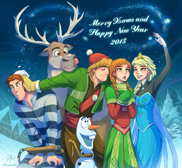 Anime picture 1280x1180 with frozen (disney) disney elsa (frozen) anna (frozen) olaf (frozen) kristoff (frozen) sven (frozen) hans (frozen) jeff-mahadi long hair short hair blue eyes blonde hair smile multiple girls green eyes eyes closed horn (horns) orange hair orange eyes