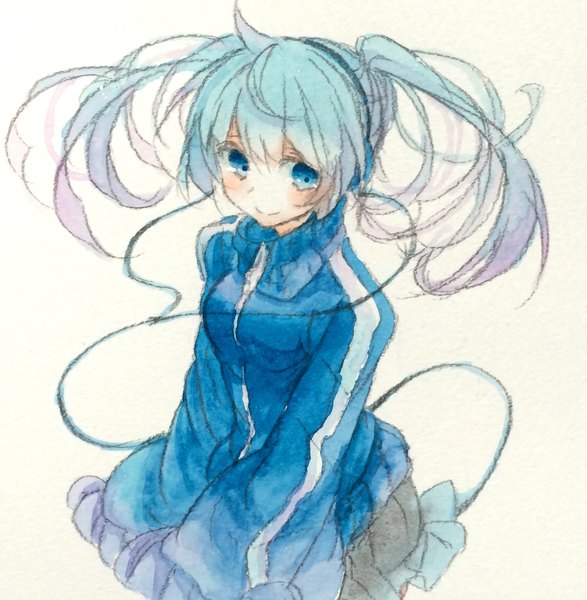 Anime picture 1697x1736 with kagerou project shaft (studio) ene (kagerou project) fina (sa47rin5) single long hair tall image blush blue eyes simple background smile white background twintails blue hair looking away from above traditional media watercolor (medium) girl headphones