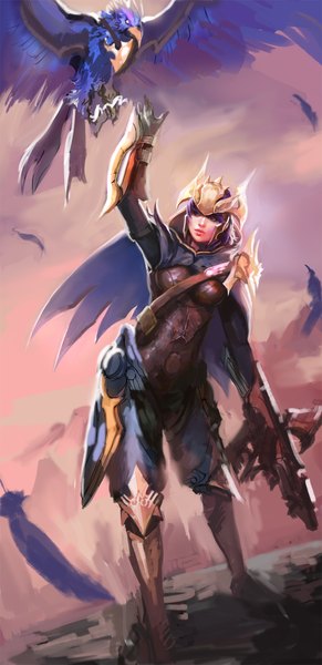 Anime picture 800x1650 with league of legends quinn (league of legends) valor (league of legends) yy6242 single tall image brown eyes purple hair looking up girl gloves animal armor bird (birds) feather (feathers) cloak crossbow