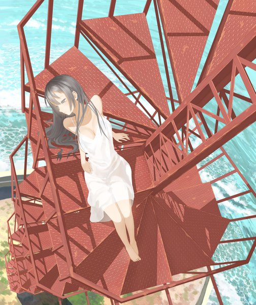 Anime picture 1193x1420 with original throtem single long hair tall image black hair bare shoulders looking away barefoot from above arm support bare legs grey eyes girl dress sundress stairs