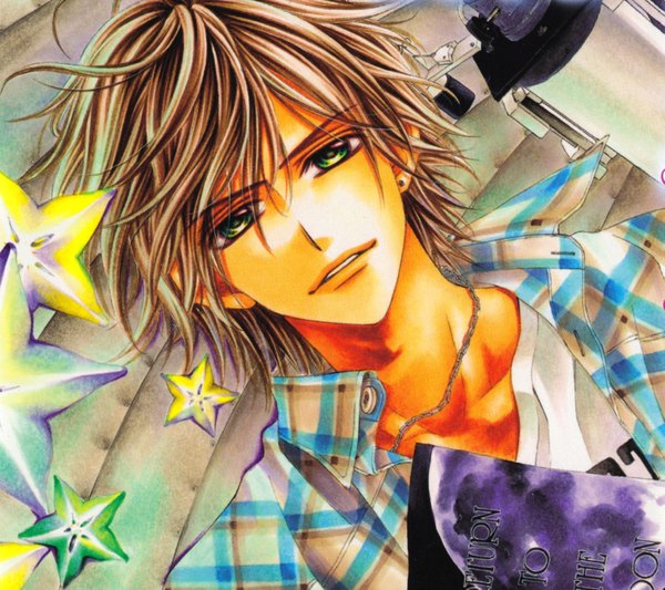 Anime picture 3637x3233 with kyou koi wo hajimemasu single looking at viewer highres short hair blonde hair brown hair green eyes absurdres lying light smile from above open clothes open shirt plaid boy earrings shirt star (symbol) pendant