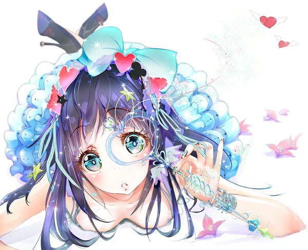 Anime picture 1000x813 with original keepout single long hair looking at viewer blush black hair lying nail polish aqua eyes high heels on stomach nail art girl dress hair ornament flower (flowers) bow hair bow frills