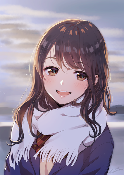 Anime picture 992x1403 with original morikura en single long hair tall image looking at viewer blush fringe open mouth smile brown hair brown eyes signed sky cloud (clouds) upper body outdoors :d blurry teeth