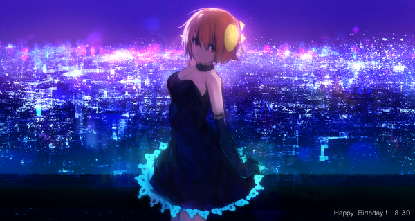 Anime picture 2916x1555 with original flare (tarbo) tarbo (exxxpiation) single looking at viewer fringe highres short hair hair between eyes red eyes wide image bare shoulders cleavage light smile orange hair happy birthday city lights girl dress gloves