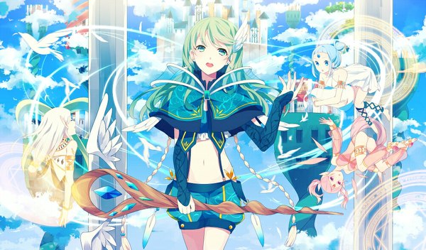 Anime picture 1000x587 with original achiki long hair looking at viewer fringe short hair open mouth blue eyes smile wide image twintails multiple girls green eyes blue hair pink hair sky cloud (clouds) white hair pink eyes green hair