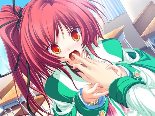 Anime picture 1600x1200 with magus tale whirlpool (studio) seera finis victoria tenmaso long hair blush open mouth red eyes game cg ponytail red hair side ponytail finger to mouth solo focus girl uniform ribbon (ribbons) hair ribbon school uniform hand