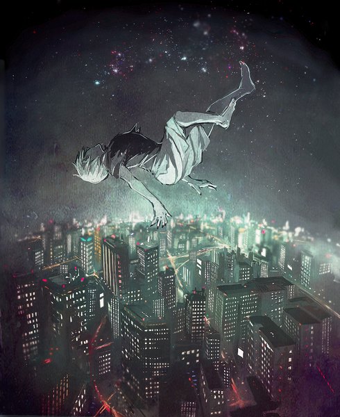 Anime picture 971x1188 with tokyo ghoul studio pierrot kaneki ken yongkang single tall image short hair looking away full body white hair nail polish barefoot night night sky city cityscape city lights falling boy