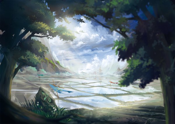 Anime picture 2480x1754 with original remosse512 highres sky cloud (clouds) sunlight no people landscape plant (plants) tree (trees) stone (stones) flag rice paddy