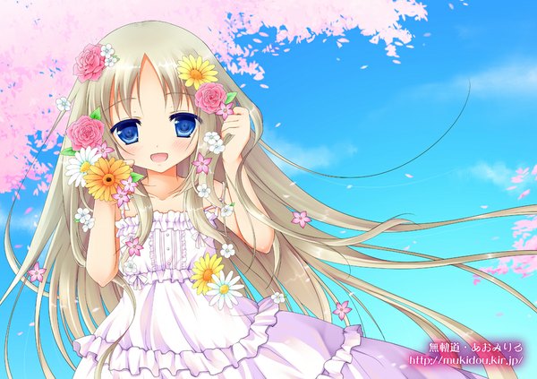 Anime picture 1000x706 with little busters! key (studio) noumi kudryavka aomi long hair blush open mouth blue eyes white hair loli girl flower (flowers) petals sundress