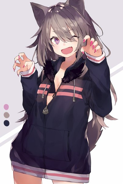 Anime picture 700x1044 with original shugao single long hair tall image looking at viewer fringe open mouth light erotic simple background brown hair purple eyes animal ears tail nail polish animal tail one eye closed fingernails wink sleeves past wrists