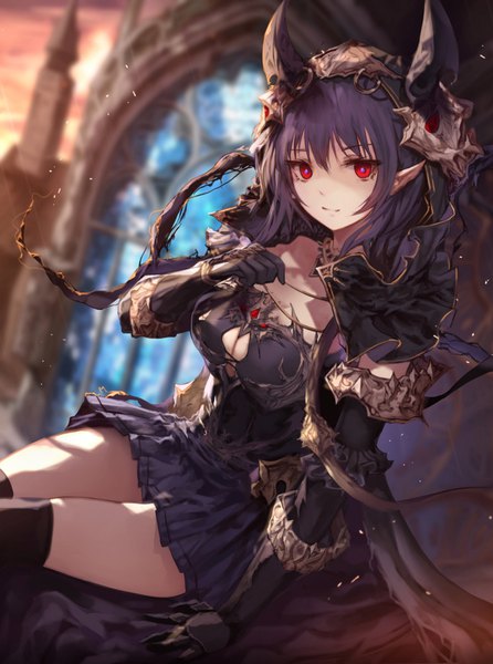 Anime picture 808x1087 with original jname single tall image looking at viewer fringe short hair breasts hair between eyes red eyes large breasts sitting holding cleavage purple hair ahoge outdoors horn (horns) pointy ears blurry