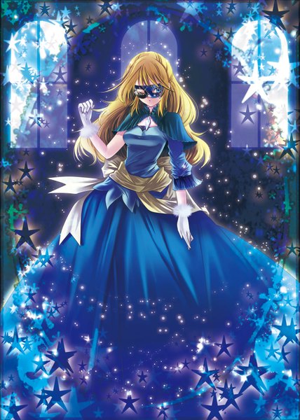 Anime picture 1275x1789 with original eden000 single long hair tall image blue eyes blonde hair one eye closed wink girl dress gloves star (symbol) mask
