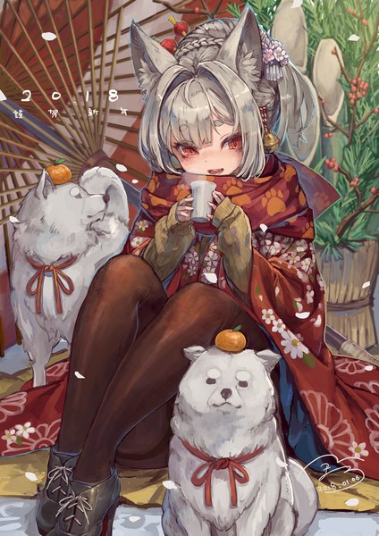 Anime picture 990x1400 with original suzuno (bookshelf) single tall image looking at viewer blush short hair open mouth red eyes sitting holding signed animal ears silver hair ponytail traditional clothes :d japanese clothes high heels floral print