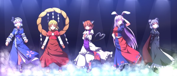 Anime picture 3000x1292 with touhou konpaku youmu reisen udongein inaba moriya suwako chen nazrin ryosios long hair highres short hair blonde hair red eyes wide image purple eyes multiple girls animal ears white hair cat ears bunny ears bunny girl