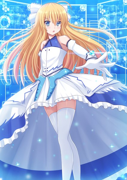 Anime picture 965x1365 with rokujouma no shinryakusha!? theiamillis gre fortorthe kazenokaze single long hair tall image looking at viewer blush blue eyes blonde hair ahoge sparkle outstretched hand girl thighhighs dress gloves bow hair bow detached sleeves