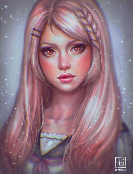 Anime picture 764x1000 with original abigail diaz single long hair tall image looking at viewer blush fringe simple background red eyes pink hair upper body braid (braids) lips realistic grey background lipstick watermark portrait pink lipstick