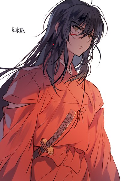 Anime picture 700x1000 with inuyasha inuyasha (character) inuyasha (human form) sorolp single long hair tall image fringe black hair simple background hair between eyes white background brown eyes signed looking away traditional clothes japanese clothes from below blood on face boy