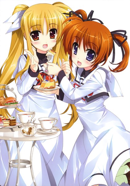 Anime picture 2451x3500 with mahou shoujo lyrical nanoha fate testarossa takamachi nanoha fujima takuya long hair tall image blush highres short hair open mouth blonde hair simple background red eyes white background twintails purple eyes multiple girls orange hair girl uniform