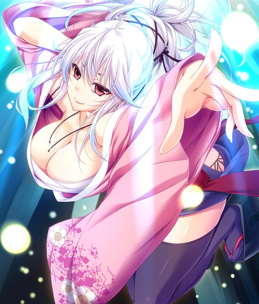 Anime picture 1024x1200 with namaiki - kissuisou e youkoso! ibaraki (namaiki - kissuisou e youkoso!) choco chip single long hair tall image looking at viewer breasts light erotic smile red eyes large breasts cleavage white hair girl thighhighs black thighhighs