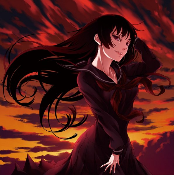 Anime picture 1114x1125 with tasogare otome x amnesia silver link kanoe yuuko single long hair tall image fringe breasts smile brown hair large breasts standing purple eyes looking away sky cloud (clouds) pleated skirt fingernails midriff hand on hip