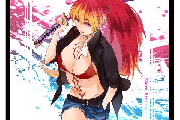 Anime picture 1200x800 with ao no exorcist a-1 pictures kirigakure shura hebi (yurari) single long hair breasts light erotic ponytail multicolored hair light smile lips open clothes open jacket two-tone hair tattoo hand in pocket multicolored eyes girl navel