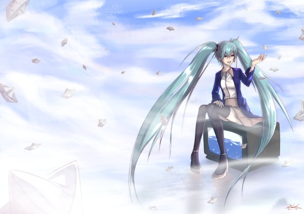 Anime picture 3508x2480 with vocaloid hatsune miku deathklovc single long hair highres open mouth blue eyes smile sitting twintails blue hair absurdres sky cloud (clouds) open clothes open jacket girl thighhighs skirt