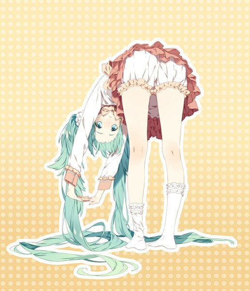 Anime picture 800x930 with vocaloid lol -lots of laugh- (vocaloid) hatsune miku psd (pixiv) single tall image looking at viewer blue eyes twintails very long hair aqua hair polka dot yellow background polka dot background girl socks white socks knickers