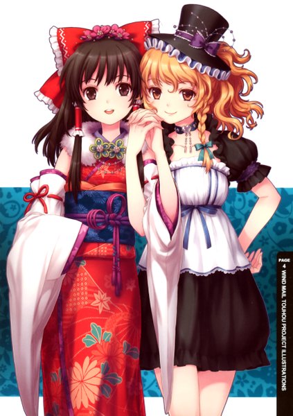 Anime picture 3468x4916 with touhou hakurei reimu kirisame marisa an2a tall image highres blonde hair smile brown hair multiple girls brown eyes yellow eyes absurdres traditional clothes japanese clothes hair flower single braid holding hands girl dress