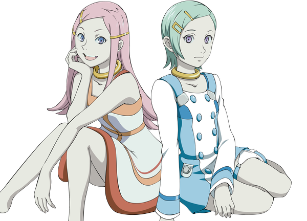 Anime picture 5000x3602 with eureka seven studio bones eureka anemone yoshida ken'ichi long hair highres short hair smile sitting purple eyes multiple girls pink hair absurdres barefoot aqua hair transparent background vector chin rest girl