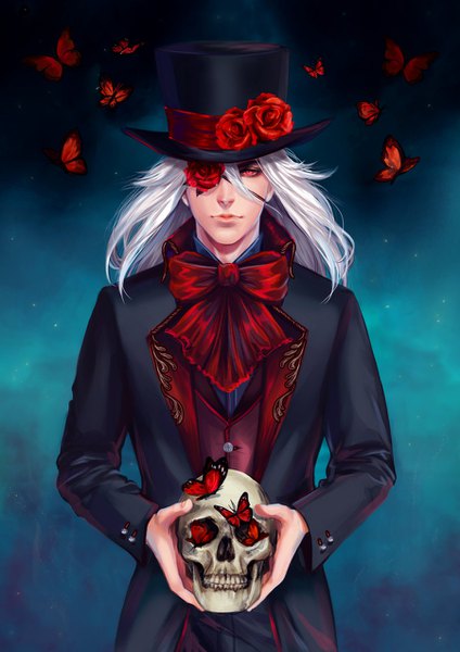 Anime picture 900x1273 with original antique-teacup single long hair tall image looking at viewer red eyes holding white hair lips night night sky covering eye (eyes) flower over eye boy flower (flowers) bow hat bowtie rose (roses)