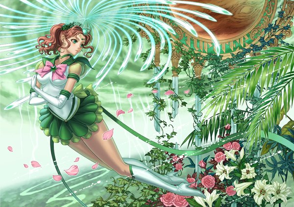 Anime picture 992x701 with bishoujo senshi sailor moon toei animation kino makoto sailor jupiter eclosion single long hair brown hair green eyes ponytail crossed arms curly hair girl gloves flower (flowers) bow ribbon (ribbons) plant (plants) petals elbow gloves