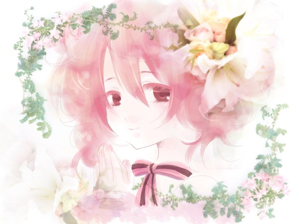 Anime picture 2560x1920 with utau kasane teto single looking at viewer highres short hair red eyes twintails pink hair hair flower short twintails girl hair ornament flower (flowers) bow
