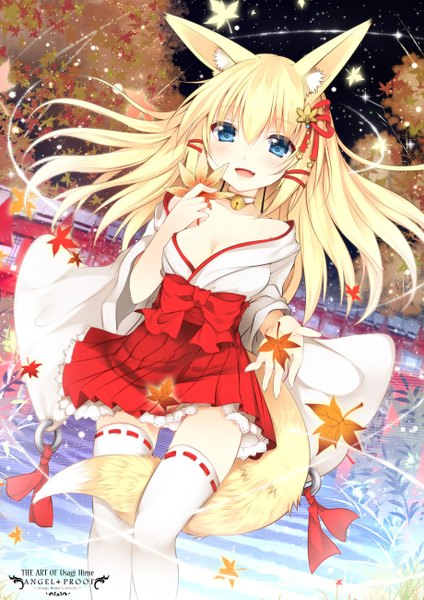 Anime picture 920x1303 with original usagihime single long hair tall image blush open mouth blue eyes blonde hair animal ears tail traditional clothes animal tail fox ears fox tail fox girl girl thighhighs white thighhighs leaf (leaves)
