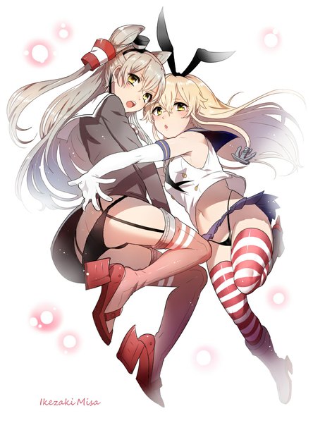 Anime picture 800x1079 with kantai collection shimakaze destroyer amatsukaze destroyer ikezaki misa long hair tall image looking at viewer blush light erotic blonde hair simple background white background multiple girls signed grey hair two side up pantyshot girl thighhighs dress