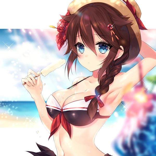 Anime picture 800x800 with kantai collection shigure destroyer necomi (gussan) single long hair looking at viewer blush fringe breasts blue eyes light erotic hair between eyes brown hair large breasts bare shoulders holding sky cloud (clouds) upper body braid (braids)