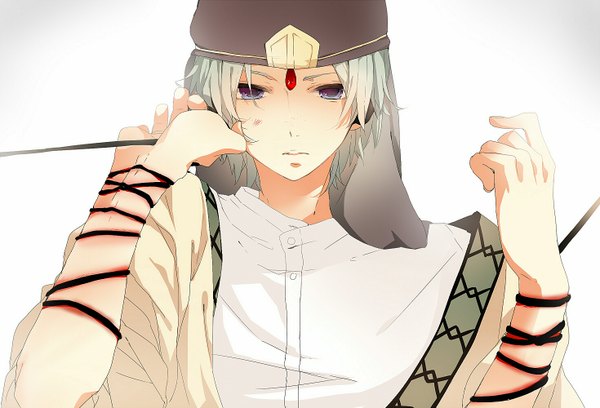 Anime picture 1470x1000 with magi the labyrinth of magic a-1 pictures ja'far (magi) single short hair simple background white background purple eyes grey hair boy hat whip