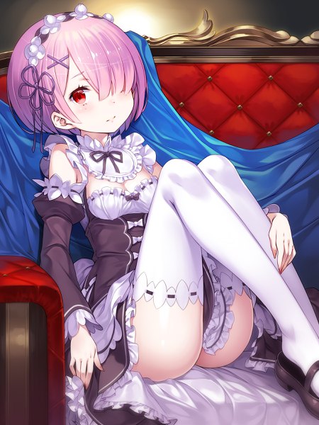 Anime picture 1800x2400 with re:zero kara hajimeru isekai seikatsu white fox ram (re:zero) lasa (lasa1116) single tall image looking at viewer fringe highres short hair light erotic red eyes pink hair hair over one eye maid revision girl thighhighs dress uniform