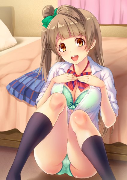 Anime picture 849x1200 with love live! school idol project sunrise (studio) love live! minami kotori rokko single long hair tall image looking at viewer blush fringe breasts open mouth light erotic smile brown hair sitting brown eyes bent knee (knees) indoors